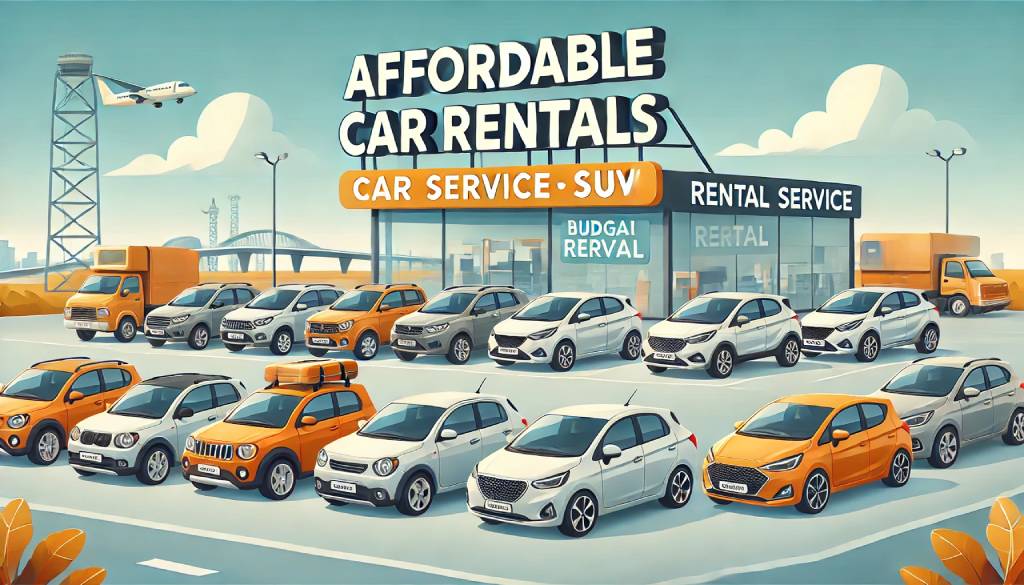 A range of economy cars and SUVs parked at a rental service lot in Ahmedabad, showcasing budget-friendly options for every traveler with a clear blue sky and a welcoming car rental office in the background.