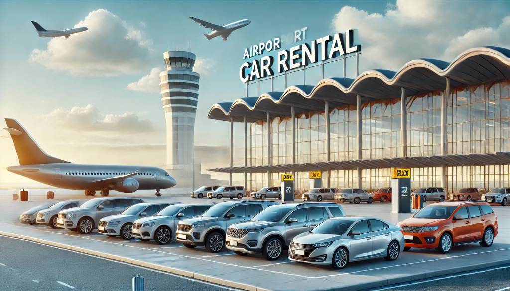 A modern airport car rental scene featuring compact cars, sedans, and SUVs parked outside an airport terminal, symbolizing convenience and stress-free travel for passengers.