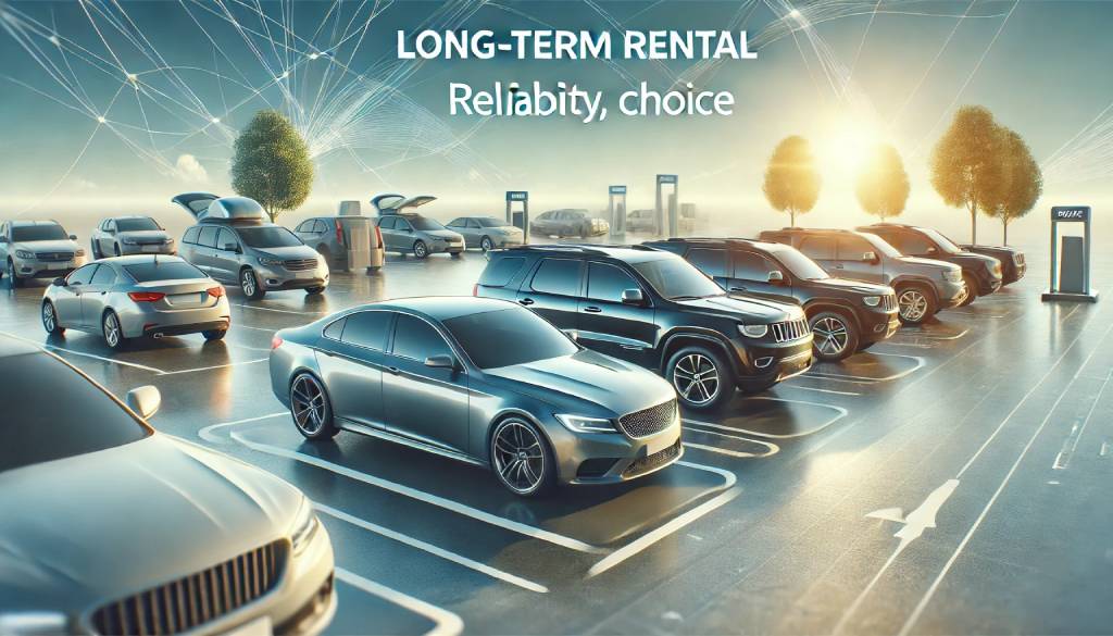 A variety of cars available for long-term rental in a clean car rental lot, featuring a sedan, SUV, and compact car under a sunny sky, representing diverse rental choices.