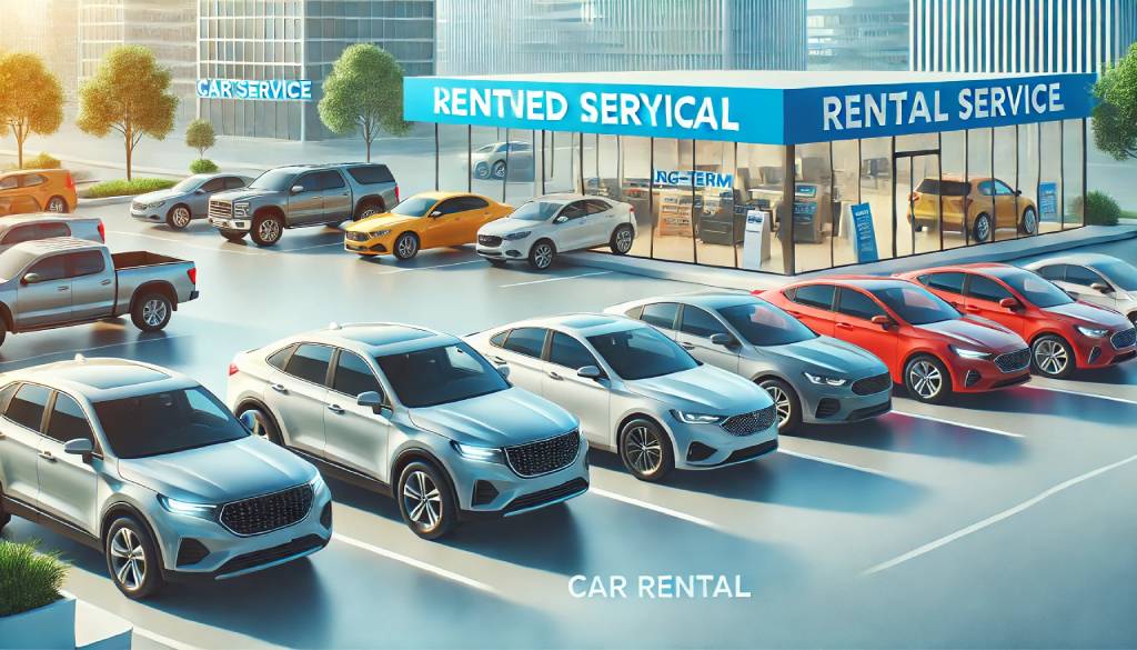 A modern car rental scene showcasing a variety of vehicles, including sedans, SUVs, and compact cars, parked outside a rental service center, symbolizing flexibility and convenience for long-term rentals.