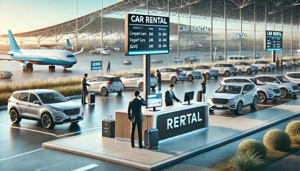  A modern airport car rental service desk with a variety of vehicles including compact cars, SUVs, and luxury cars. Travelers are seen picking up their rental keys and being assisted by friendly staff, with a row of clean rental cars parked outside the airport terminal. The scene reflects a professional and welcoming atmosphere.