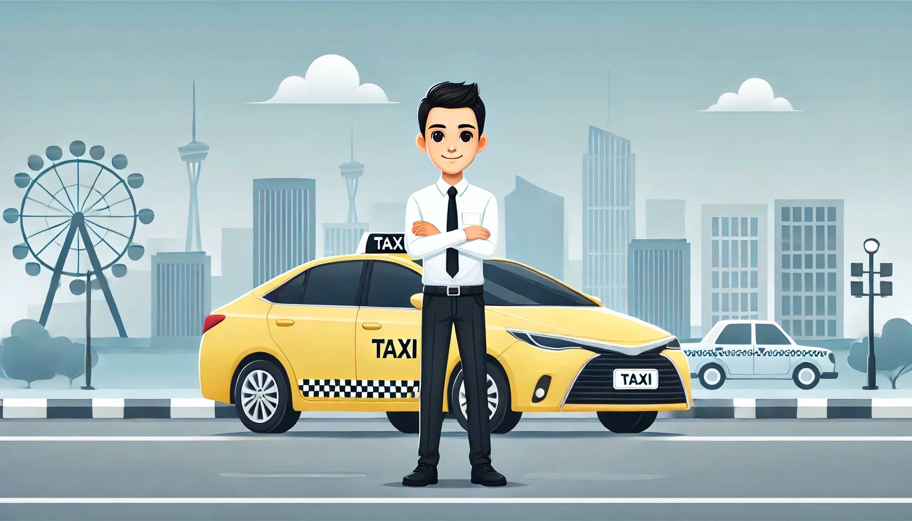 Modern taxi car with professional driver in cityscape, symbolizing reliability and safety