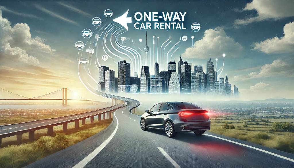 A sleek rental car driving on a highway away from the city, symbolizing the flexibility and freedom of one-way car rentals, with a scenic view ahead.