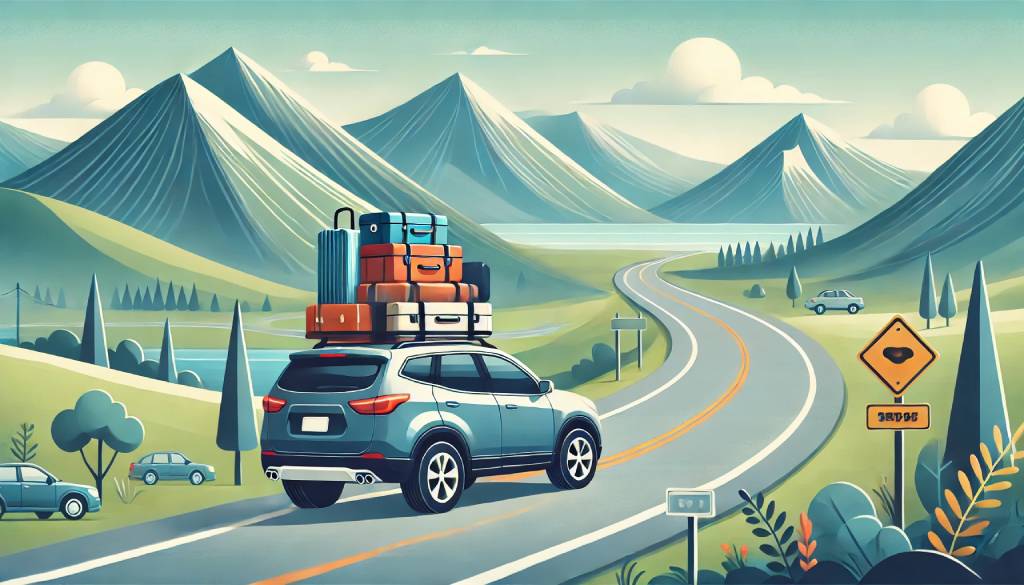 A modern SUV packed with luggage, driving through scenic mountains and open roads, symbolizing comfort, reliability, and adventure for an outstation car rental.