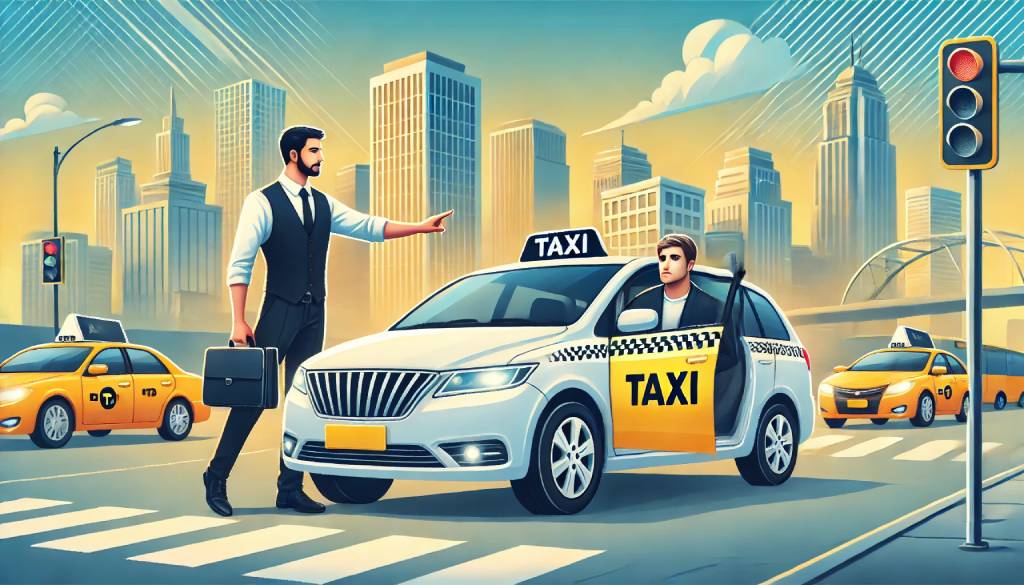 A clean, modern taxi in a city setting, picking up a passenger near a business district, symbolizing reliable and professional taxi services.