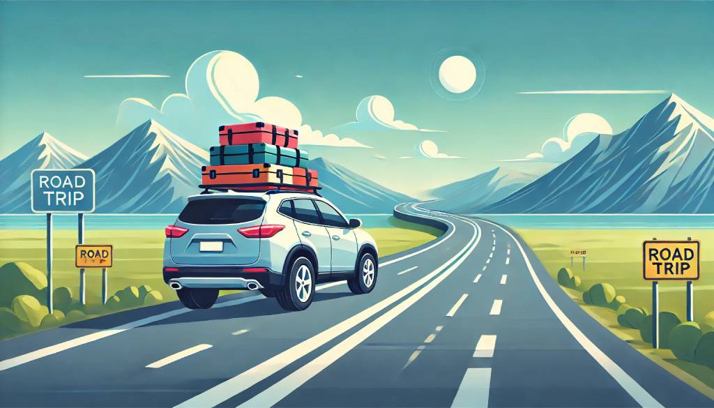 A modern SUV packed with luggage on the roof driving on an open highway, surrounded by mountains and blue skies, symbolizing the adventure and freedom of road trips.