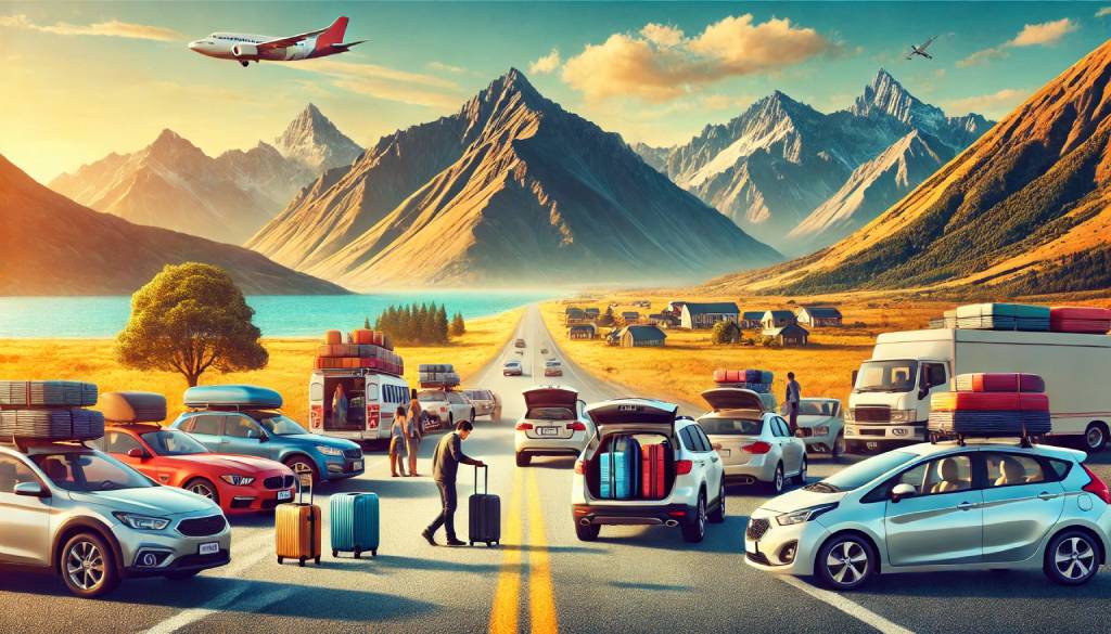 A scenic road with rental cars, including SUVs, economy cars, and luxury sedans, lined up for outstation travel. Travelers are preparing for a road trip with mountains and a clear blue sky in the background, symbolizing adventure and long-distance travel.