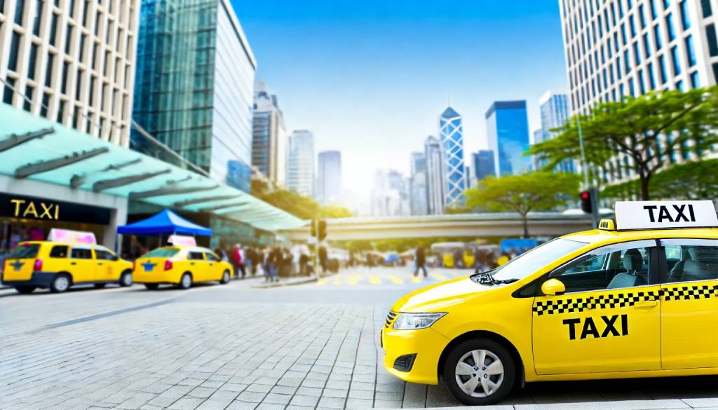 A bright yellow taxi waiting by the sidewalk on a vibrant city street, with modern buildings and a clear blue sky, symbolizing convenient and reliable local taxi services.