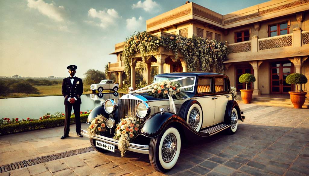 A luxurious wedding car decorated with white ribbons and flowers, parked in front of a grand venue in Ahmedabad, with a bride and groom standing beside it.