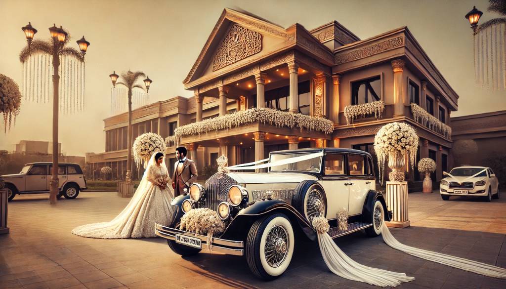 A luxury vintage wedding car decorated with flowers and ribbons, parked outside an elegant wedding venue in Ahmedabad with a chauffeur ready for the bride and groom's arrival.