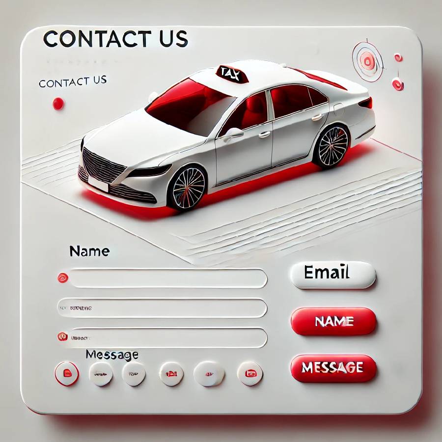 A minimalist contact us page design with a sleek luxury taxi on a black background. The page includes a simple contact form and small icons for phone and email, with subtle white or gold accents, creating a clean and professional look ideal for a taxi service.