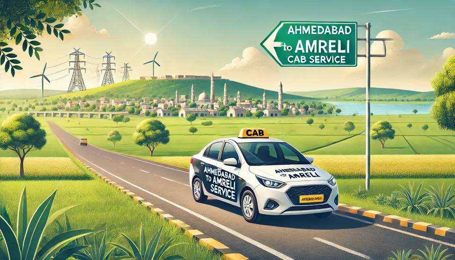 Modern car on a smooth highway driving from Ahmedabad to Amreli with scenic landscapes, representing a peaceful journey.