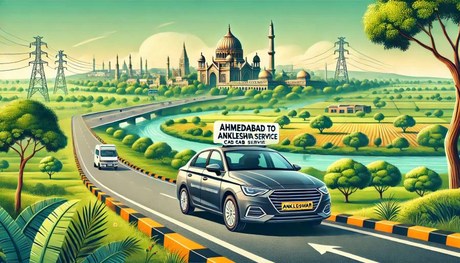 Modern car on a smooth highway driving from Ahmedabad to Ankleshwar with scenic landscapes, representing a peaceful journey.