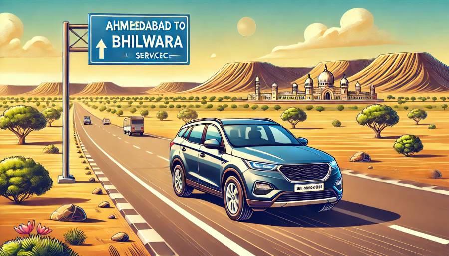 Modern car on a smooth highway driving from Ahmedabad to Bhilwara with scenic landscapes, representing a peaceful journey.