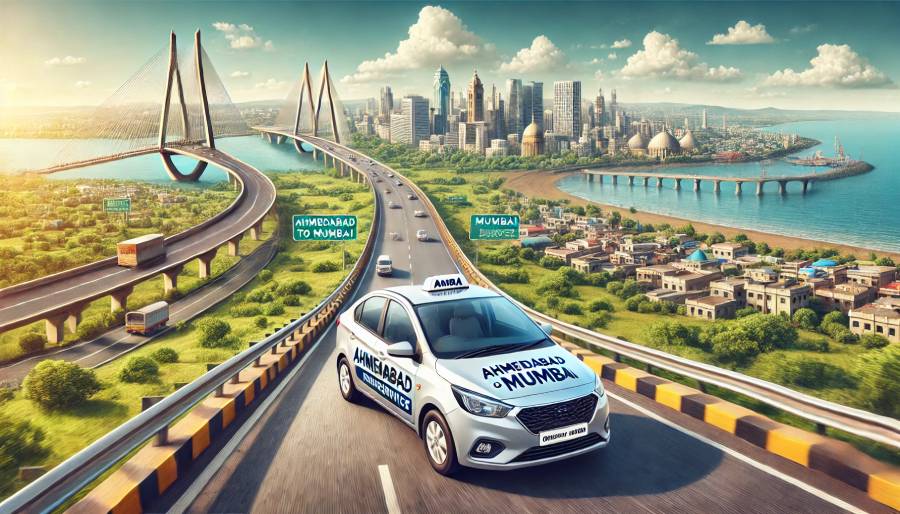 Modern car driving from Ahmedabad to Mumbai, showcasing a comfortable and scenic road trip.