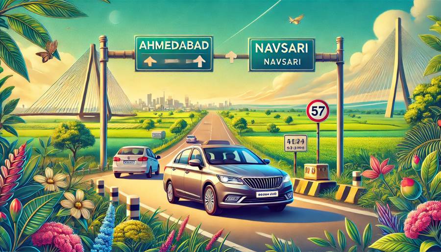 Comfortable journey from Ahmedabad to Navsari, showing a modern car on a scenic road.