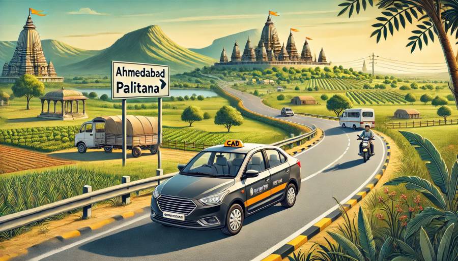 Modern car on a scenic route driving from Ahmedabad to Palitana, representing a peaceful journey.