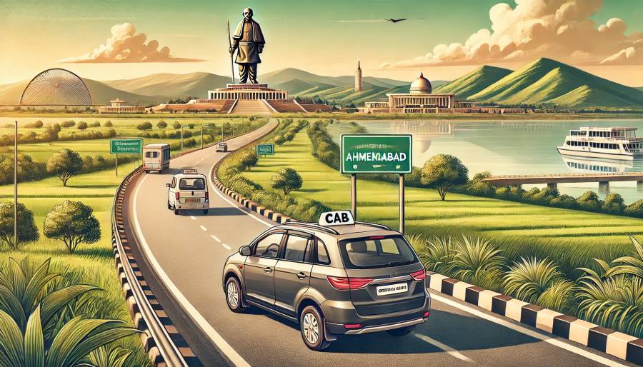 Modern car on a scenic route driving from Ahmedabad to Statue of Unity, representing a peaceful journey to the world's tallest statue.