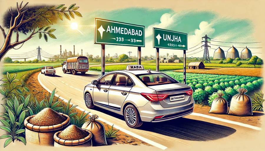 Modern car on a scenic route driving from Ahmedabad to Unjha, representing a peaceful journey to the land of spices.