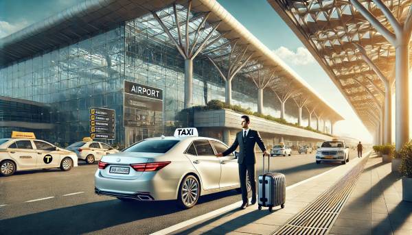 A clean, modern airport taxi parked outside an airport terminal with a professional chauffeur assisting a traveler with luggage, showcasing the reliability and comfort of the airport taxi service.