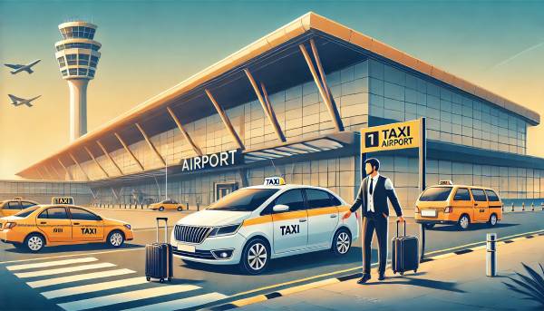 A corporate traveler stepping out of a sleek airport taxi while the chauffeur assists with luggage outside an airport terminal, highlighting professionalism and convenience.