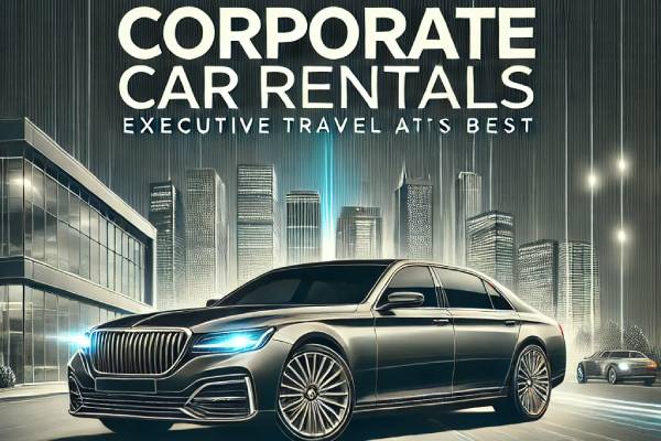 A luxury sedan parked in front of a modern corporate office building, with a chauffeur standing beside the car. The scene reflects professionalism, reliability, and comfort, ideal for premium corporate transportation services in Ahmedabad.