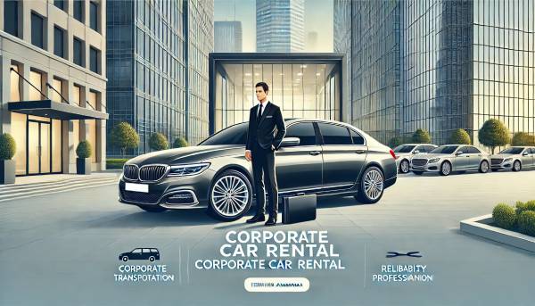 A sleek, luxury sedan parked in front of a modern office building, with a professional chauffeur standing beside the car, ready for corporate transportation. The scene reflects comfort, reliability, and professionalism, ideal for corporate car rental services in Ahmedabad.