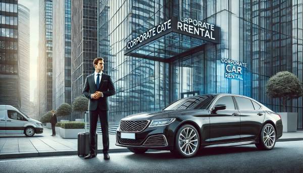 A luxury sedan parked outside a modern business building with a chauffeur waiting beside the car. The scene reflects professionalism, reliability, and premium corporate transportation services, ideal for executives and business clients.