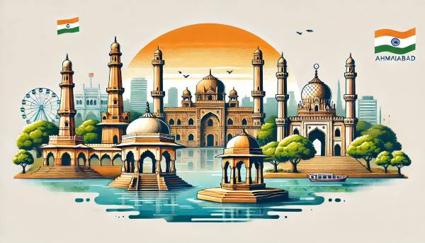 An illustration featuring famous landmarks of Ahmedabad, including Sabarmati Ashram, Kankaria Lake, Adalaj Stepwell, and Sidi Saiyyed Mosque. The image highlights the cultural and architectural significance of these iconic sites, perfect for promoting local sightseeing and tours.