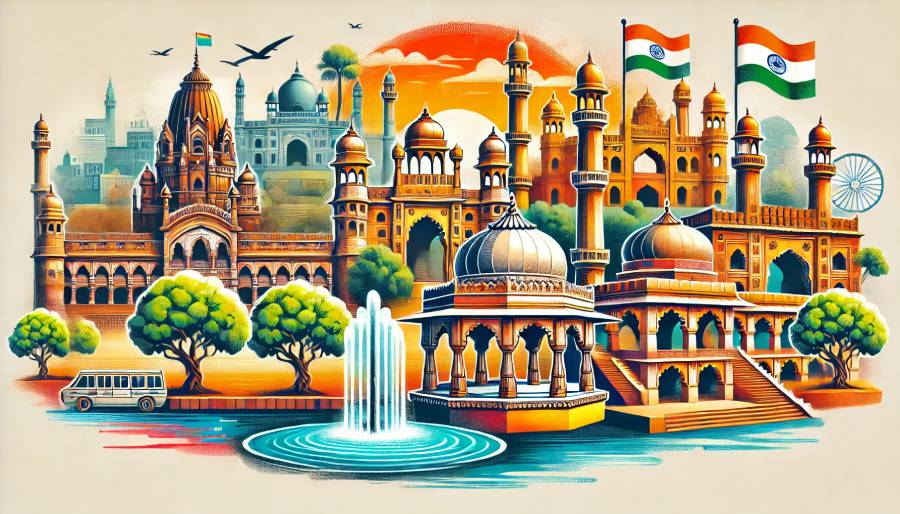 A vibrant illustration showcasing famous landmarks of Ahmedabad, including Sabarmati Ashram, Kankaria Lake, Adalaj Stepwell, and Sidi Saiyyed Mosque. The composition highlights the cultural richness and historical significance of the city, ideal for promoting sightseeing and tourism in Ahmedabad.