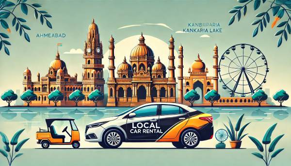 A modern car parked near famous landmarks in Ahmedabad, representing a flexible and convenient local sightseeing car rental service. The background features iconic sites like Sabarmati Ashram, reflecting comfort and ease for tourists and locals using hourly car rentals.