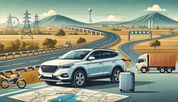 A modern, well-maintained car parked near a scenic highway with mountains in the background, symbolizing a comfortable and reliable outstation car rental service from Ahmedabad. The scene highlights convenience and suitability for both family vacations and business trips.