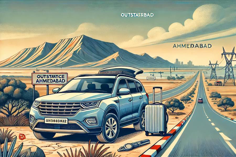 A well-maintained car parked near a scenic road, ready for a long-distance outstation journey from Ahmedabad. The background shows vast landscapes and open skies, representing the comfort, reliability, and freedom of traveling for both leisure and business.