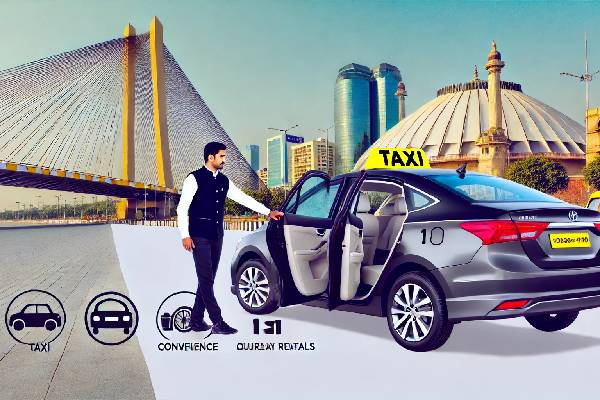 A modern taxi in Ahmedabad, India, with a chauffeur opening the door for a passenger. The image captures the essence of professional and reliable taxi services, ideal for local and outstation travel, including flexible hourly rentals.