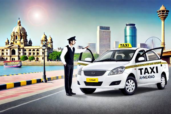 A clean, well-maintained taxi in the bustling streets of Ahmedabad, India, with a professional driver assisting a customer. The scene reflects comfort, safety, and flexibility in travel, emphasizing options for local commutes, outstation trips, and hourly rentals.