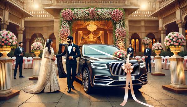 A luxurious wedding car decorated with flowers and ribbons, with a bride and groom standing beside the car and a chauffeur holding the door open. The scene is set outside a grand wedding venue, capturing the elegance and joy of a wedding day with a premium car rental service.