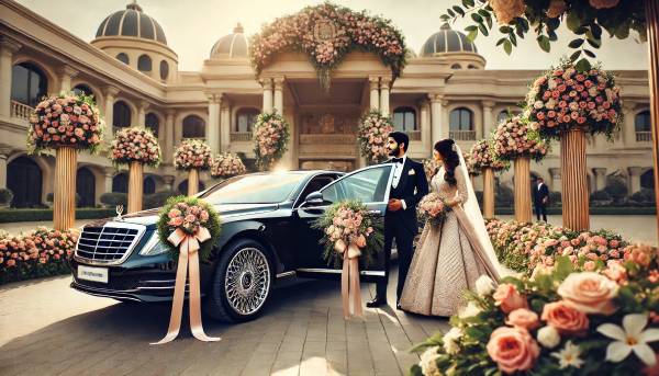 A luxurious wedding car adorned with flowers and ribbons, parked outside a beautifully decorated wedding venue in Ahmedabad. A professional chauffeur stands next to the open door, ready for the bride and groom. The scene reflects elegance, style, and the excitement of a special wedding day.