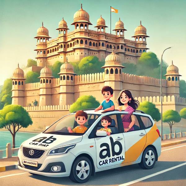 AB Car Rental service providing transportation for a family trip to Udaipur, with a car driving near Udaipur's lakes and palaces in the background, capturing the joy of a family journey.