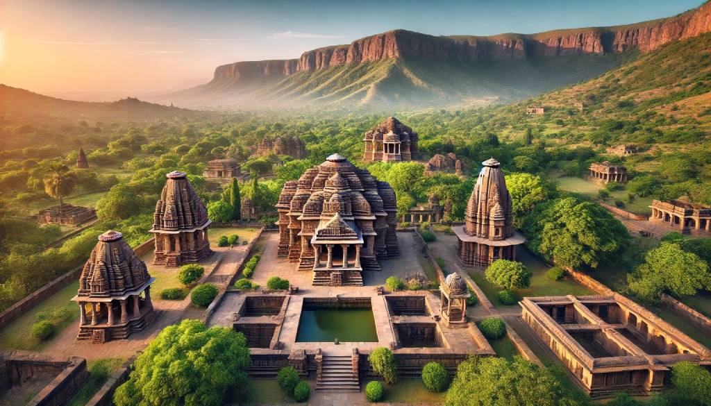 A panoramic view of Champaner-Pavagadh Archaeological Park, featuring ancient temples, intricately carved mosques, stepwells, and the majestic Pavagadh Hill surrounded by lush greenery.