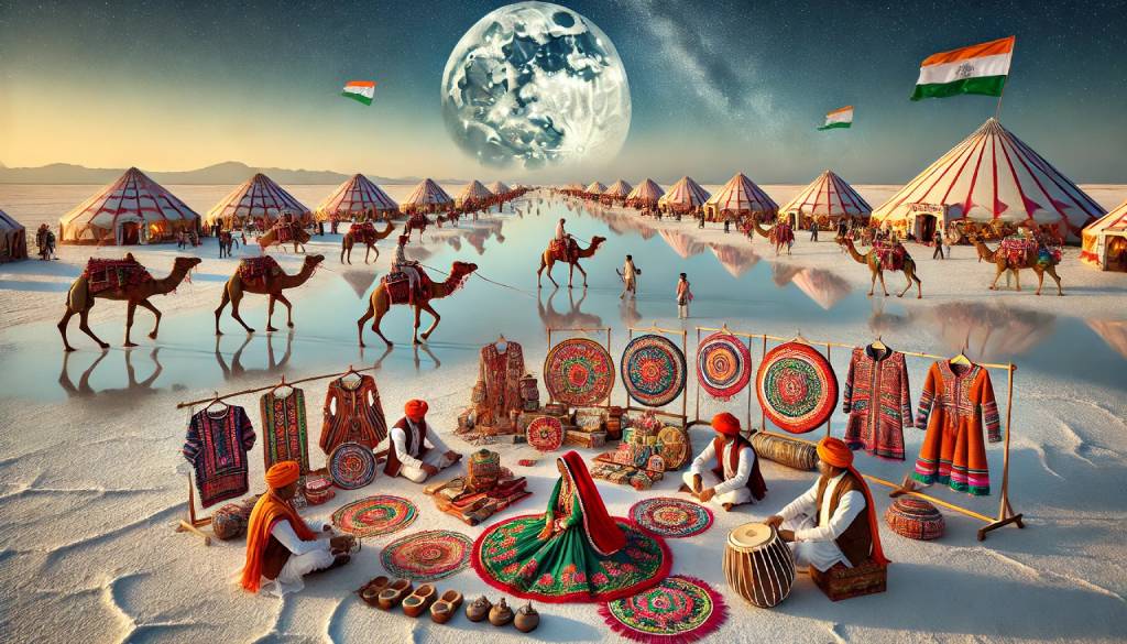 Scenic view of the Rann of Kutch, featuring the white salt desert, vibrant tents from the Rann Utsav festival, traditional folk dancers, local artisans, camels, and desert exploration under a clear sky.