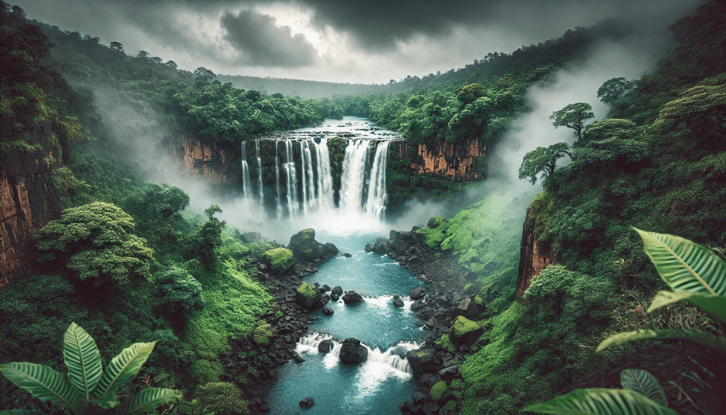 A stunning view of Gira Waterfalls in Gujarat, surrounded by lush greenery and cascading water, showcasing the natural beauty of the state's monsoon destinations.