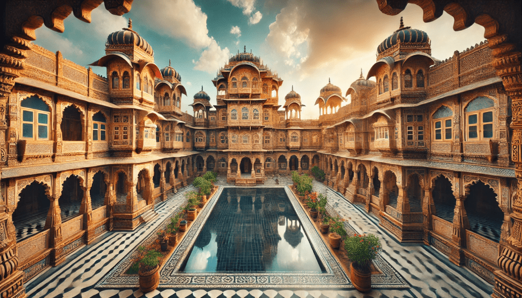 A stunning view of Aina Mahal in Bhuj, showcasing its intricate mirror work and Indo-European architecture, surrounded by a serene and historic ambiance.