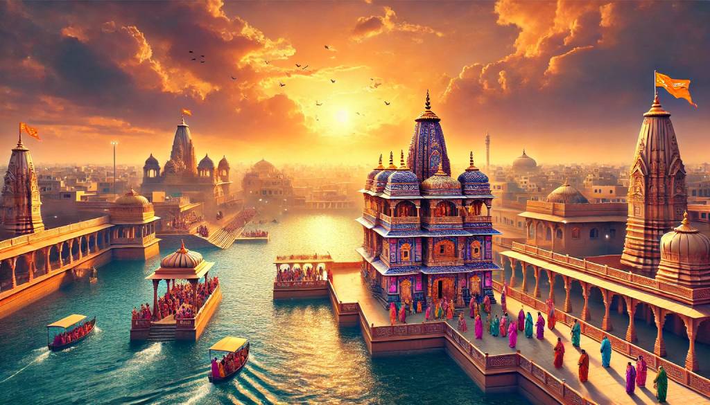 A picturesque view of Dwarkadhish Temple and Gomti Ghat in Dwarka, showcasing the spiritual and architectural beauty of Lord Krishna’s sacred city.