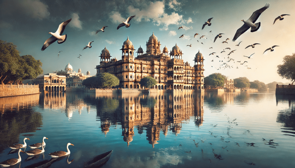 A stunning view of Lakhota Palace in Jamnagar, Gujarat, surrounded by the serene waters of Lakhota Lake, showcasing the city's royal heritage and scenic beauty.