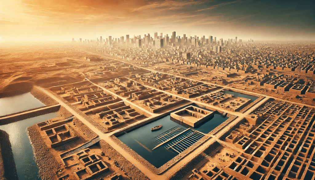 A panoramic view of Lothal archaeological site in Gujarat, showcasing the ancient dockyard, grid-based city layout, and remnants of the Indus Valley Civilization.