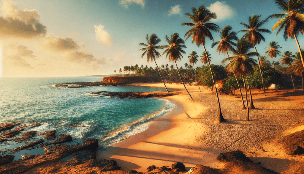 A serene view of Nagoa Beach in Diu, featuring golden sands, swaying palm trees, and the calm Arabian Sea under a clear blue sky.