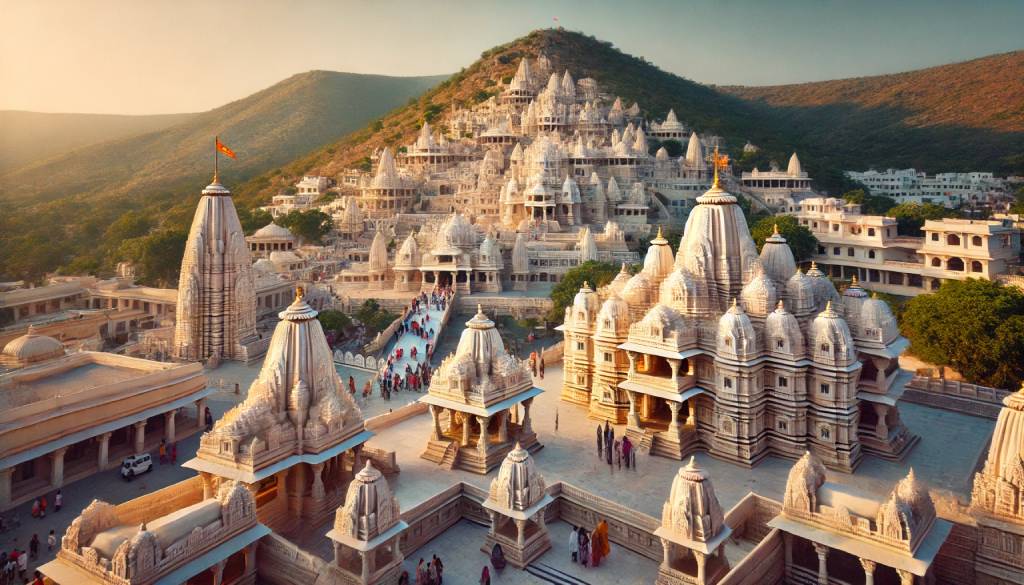 A breathtaking view of Palitana Temples on Shatrunjaya Hill, with white marble temples and intricate carvings, symbolizing the sacred nature of this Jain pilgrimage site.