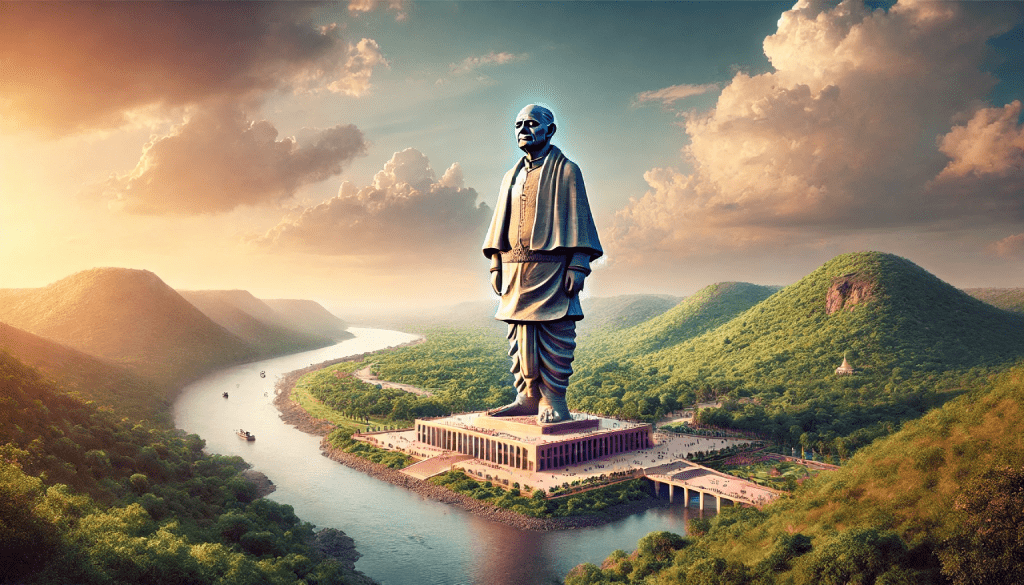 A stunning view of the Statue of Unity in Kevadia, Gujarat, with the towering monument of Sardar Vallabhbhai Patel surrounded by lush greenery and the Narmada River.