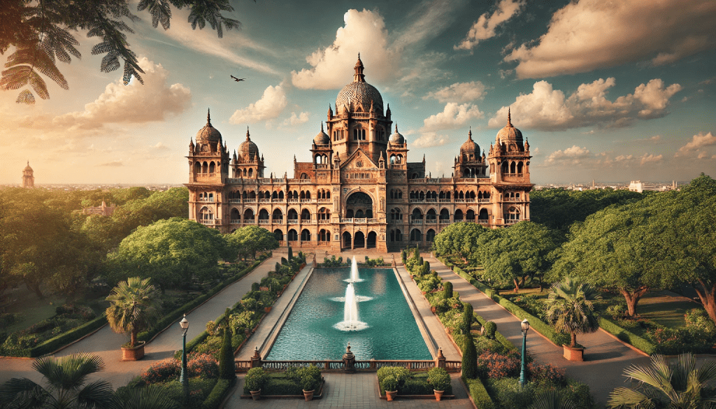 A stunning view of Laxmi Vilas Palace in Vadodara, showcasing its grandeur, lush gardens, and Indo-Saracenic architectural style under a clear blue sky.