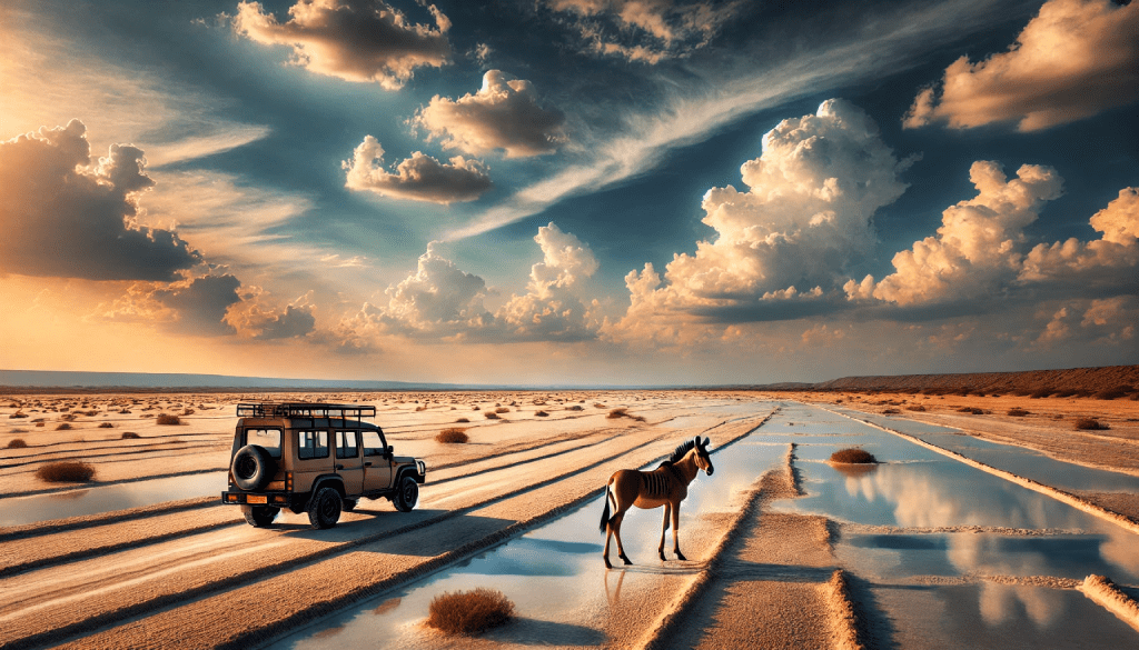 A serene view of the Little Rann of Kutch in Zainabad, featuring a safari jeep, salt marshes, and an Indian Wild Ass in its natural habitat under a vivid blue sky.